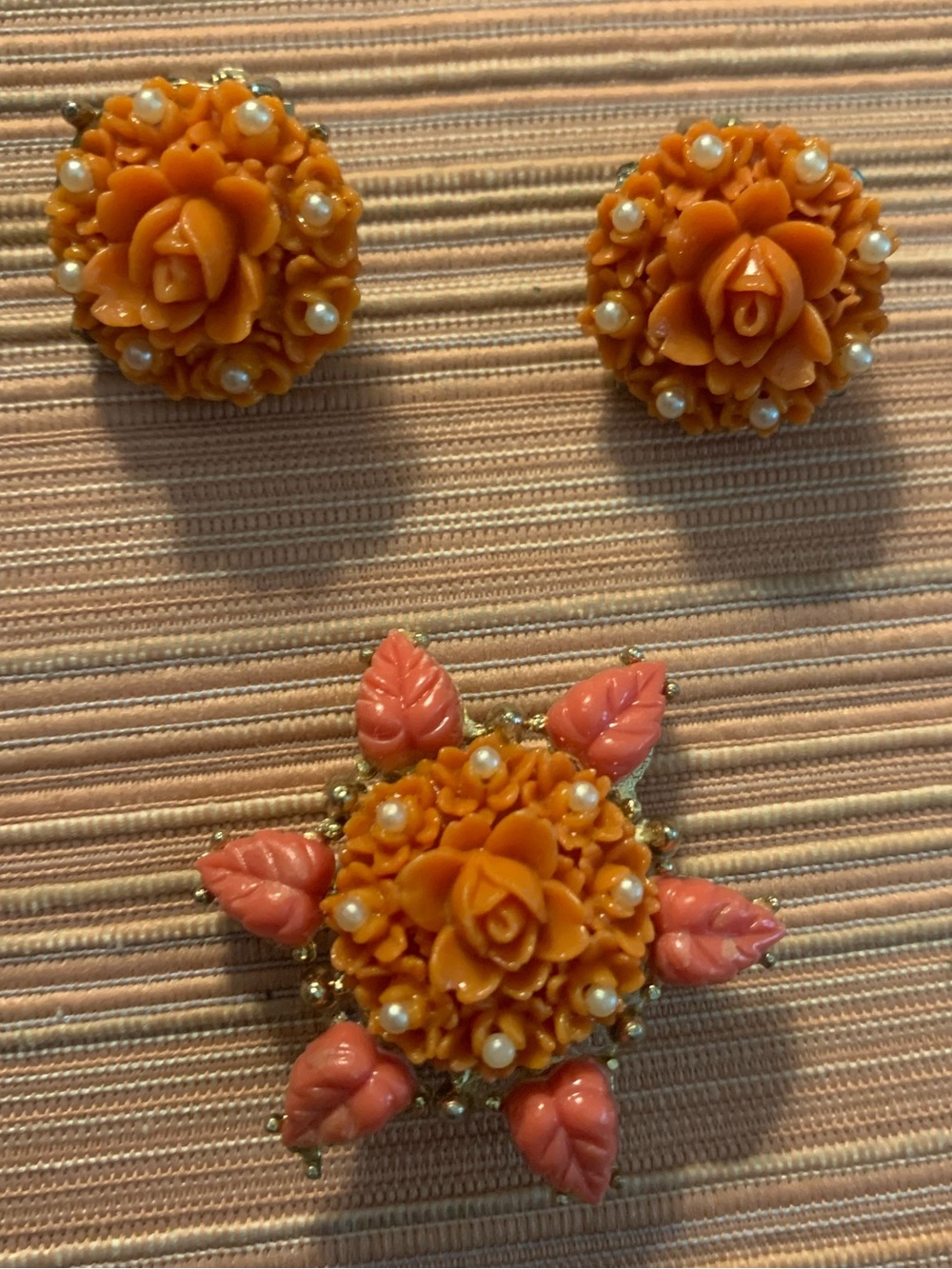 Vintage Celluloid Coral Rose Brooch and Clip On Earrings